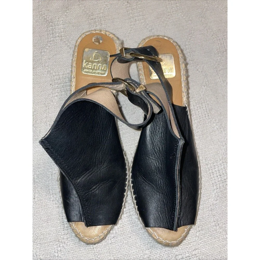 Kanna Women’s Casual Espadrilles Size 39 U.S. 8 M Black Leather Beach Cruise